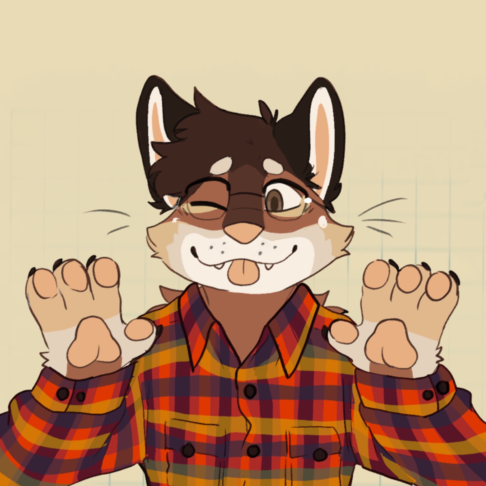 Drawing of a Shiba Inu with paws up, wearing large black glasses and a red flannel